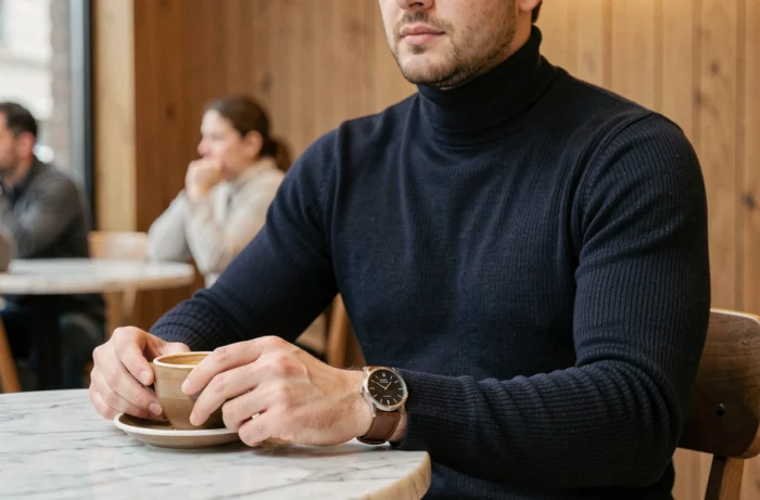 Homme élégant portant un col roulé marine et une montre en cuir texturée dans un café au design scandinave