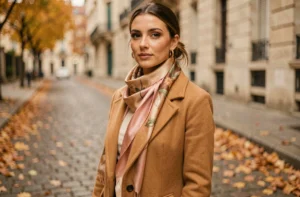 Femme élégante portant un manteau camel, une écharpe en soie et des boucles d'oreilles dorées dans une rue pavée parisienne en automne