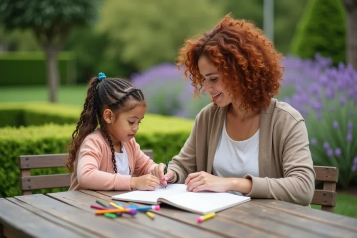 Femme accompagnant une fillette dans une activité créative de dessin dans un jardin, soutenant l'expression artistique et le bien-être émotionnel de l'enfant