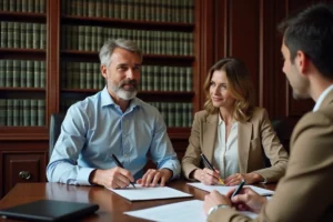 Deux co-indivisaires signant des documents juridiques chez un notaire pour un achat en indivision