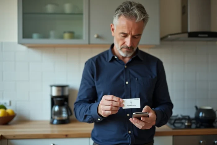 Homme activant une carte cadeau Spirit of Cadeau sur son smartphone dans une cuisine moderne
