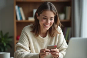 Femme activant sa carte Spirit of Cadeau sur un ordinateur portable depuis son bureau à domicile