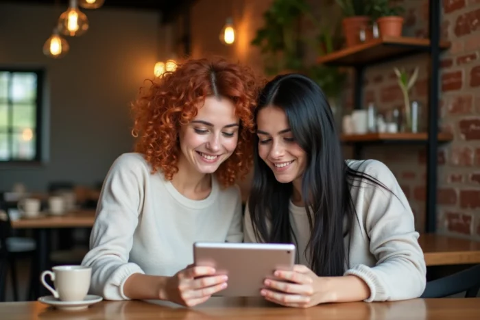 Deux amies activant une carte Spirit of Cadeau ensemble sur une tablette dans un café