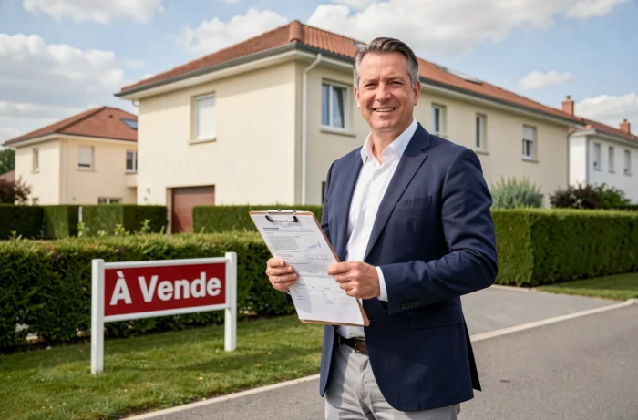 Agent immobilier professionnel devant une maison à vendre dans une rue résidentielle calme