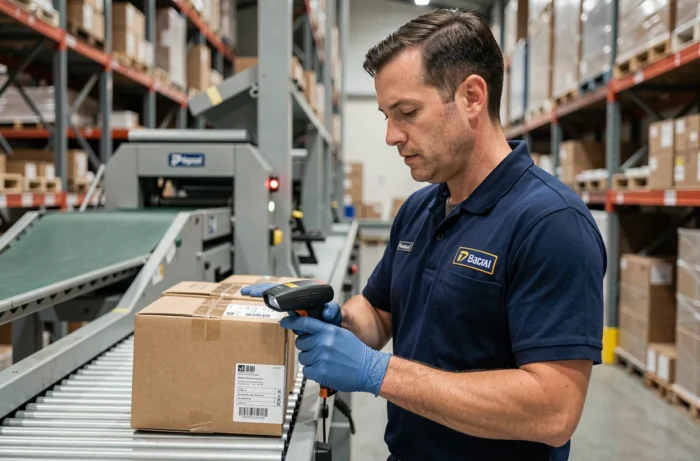 Agent postal triant un colis sur un tapis roulant dans un centre de tri logistique moderne
