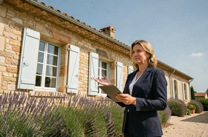 Agente immobilière présentant une maison en pierre provençale avec volets bleus et haie de lavande en région PACA
