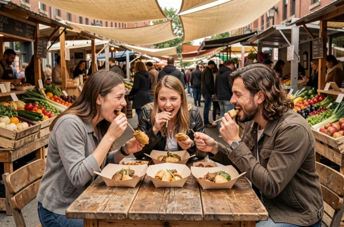 Groupe d'amateurs de gastronomie dégustant des plats de rue dans un marché fermier tendance