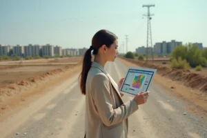 Femme analyste immobilière consultant une plateforme d'analyse foncière sur tablette, debout sur un terrain vide en milieu urbain