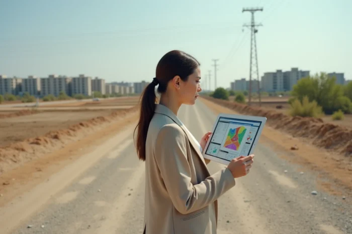 Femme analyste immobilière consultant une plateforme d'analyse foncière sur tablette, debout sur un terrain vide en milieu urbain