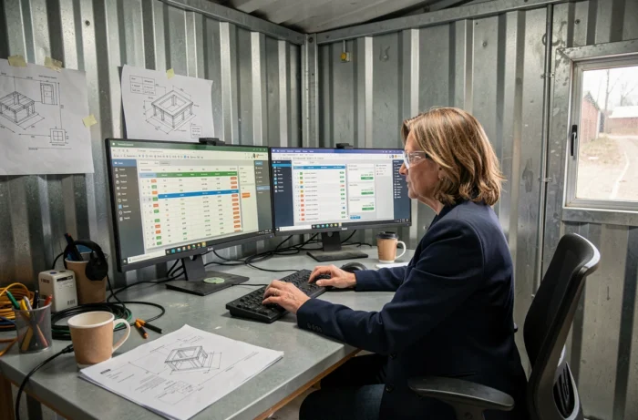 Architecte utilisant un logiciel de gestion de chantier sur mesure dans un bureau de chantier préfabriqué