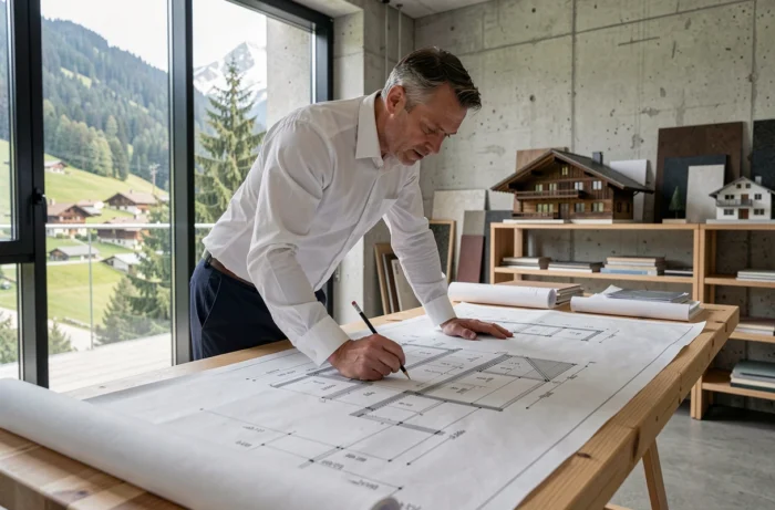 Architecte suisse analysant les plans de construction d'une maison individuelle dans un bureau moderne avec vue sur les Alpes