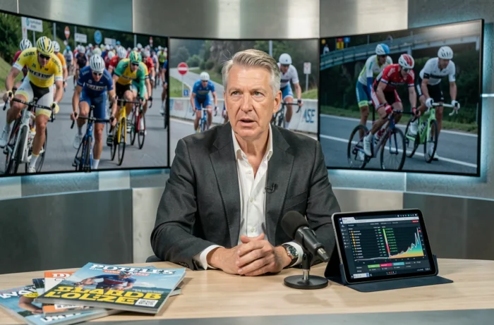 Commentateur sportif en studio de diffusion analysant les controverses entourant Lance Armstrong et l'avenir du cyclisme professionnel en 2026