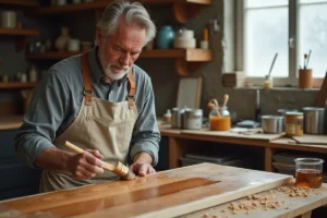 Artisan appliquant une lasure teinte ambrée sur une planche de chêne dans un atelier de menuiserie