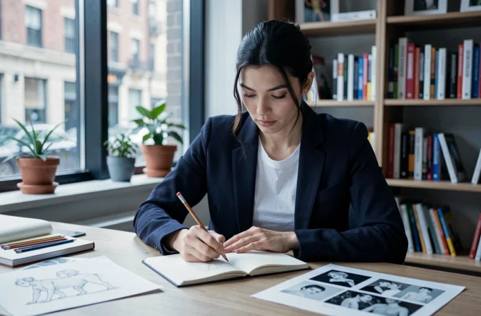 Artiste émergente en train de dessiner dans un espace de travail moderne avec des carnets de croquis et des livres d'art