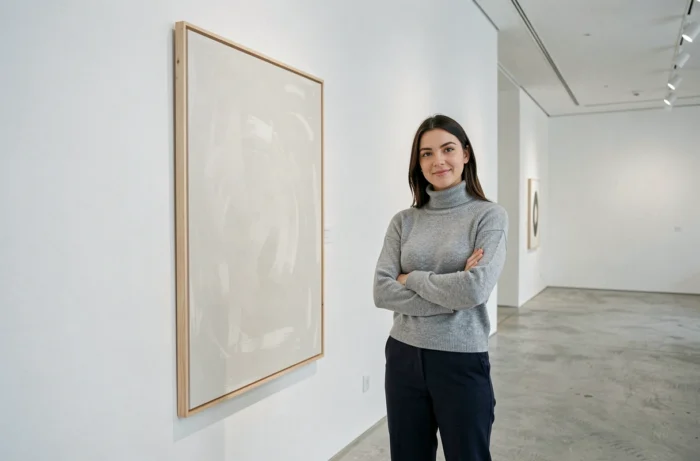 Artiste émergente présentant son œuvre exposée dans une galerie d'art minimaliste aux murs blancs