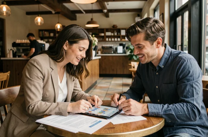 Deux associés discutant de tendances et stratégies de business en ligne autour d'une table dans un café urbain