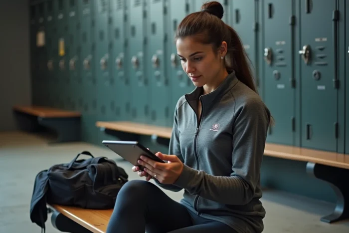 Athlète féminine consultant les actualités sportives sur une tablette dans un vestiaire moderne
