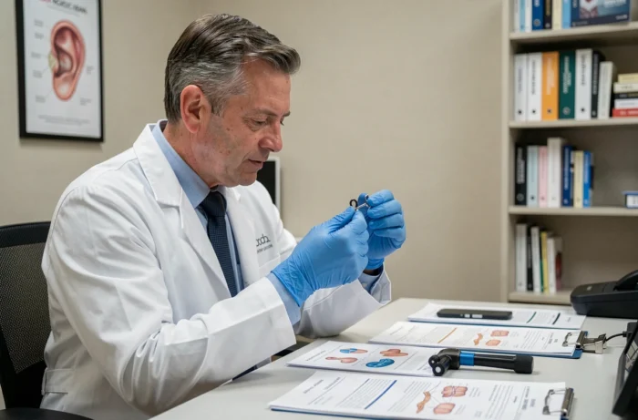 Audiologiste examinant un dispositif auditif dans un cabinet médical, soulignant les dangers potentiels des appareils de stimulation auditive