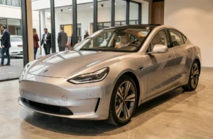 Berline électrique moderne exposée dans un showroom automobile contemporain aux finitions soignées