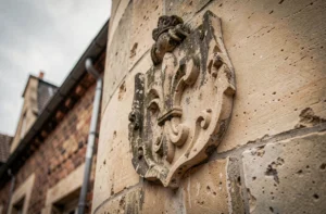 Pierre sculptée représentant le blason de Lille avec motif fleur-de-lis sur un mur en grès historique