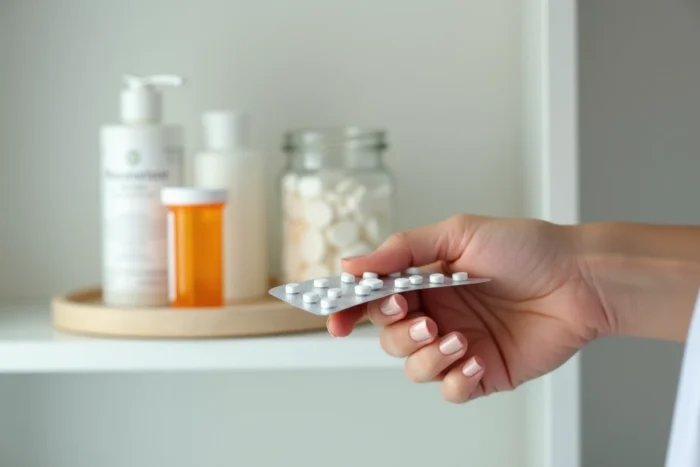 Gros plan d'une main tenant une boîte de médicament contre l'acné et une plaquette de comprimés sur une étagère de pharmacie
