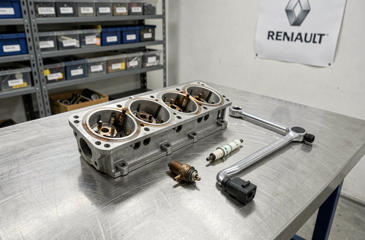 Bougie d'allumage usée et bobine d'allumage du cylindre 2 d'un moteur Renault sur établi de garage