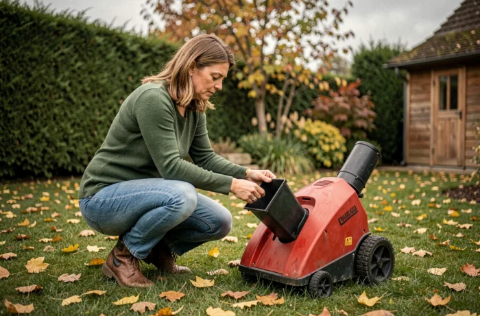 Femme inspectant le broyeur de végétaux Ryobi RSH2545B 2500W sur une pelouse en automne entourée de feuilles mortes
