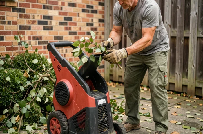 Homme utilisant le broyeur de végétaux Ryobi RSH2545B 2500W pour broyer des branches dans un jardin résidentiel