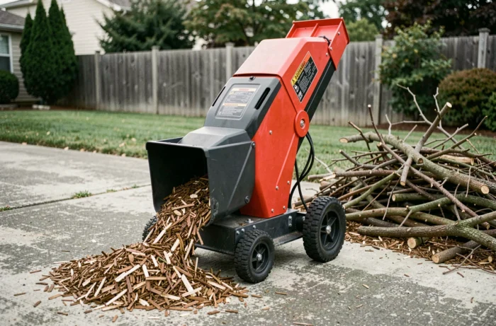 Broyeur de végétaux Ryobi RSH2545B 2500W en vue détaillée sur une allée de jardin avec copeaux de bois et branches