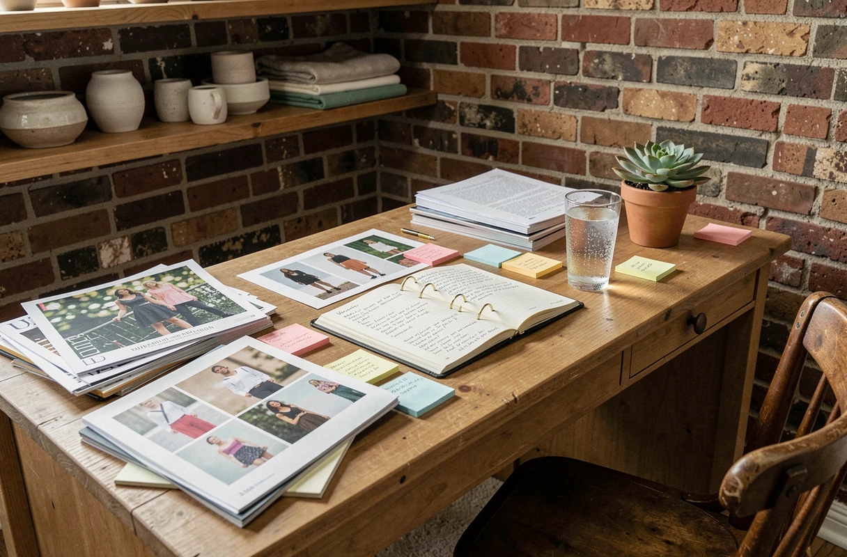 Bureau créatif avec magazines de mode et carnets de tendances pour blog lifestyle