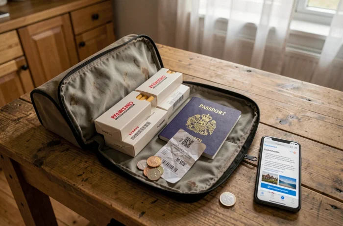 Sac de voyage ouvert avec des cartouches de cigarettes espagnoles, une carte d'embarquement et un passeport après un retour d'Espagne