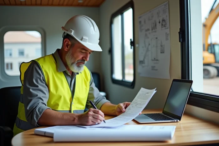 Chef de chantier remplissant un modèle de panneau de chantier à imprimer dans un bureau de chantier mobile