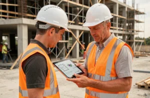 Chef de chantier consultant une application de digitalisation sur tablette numérique sur un chantier de construction moderne