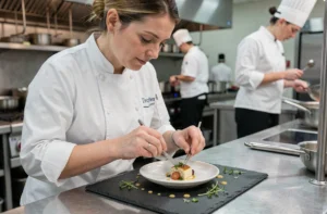 Cheffe cuisinière en train de dresser un plat gastronomique dans une cuisine professionnelle moderne