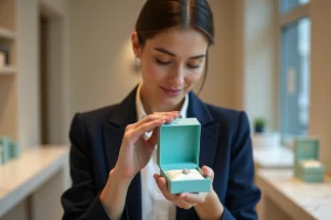 Femme tenant un coffret Tiffany and Co ouvert avec un collier diamant dans une boutique parisienne élégante