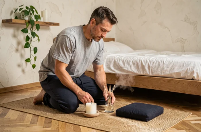 Homme aménageant un coin méditation minimaliste avec tapis en jute, bougie et diffuseur dans une chambre scandinave épurée