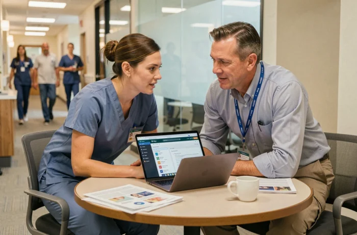 Deux professionnels de santé collaborant sur un tableau de bord d'informations médicales en ligne dans une salle de pause hospitalière