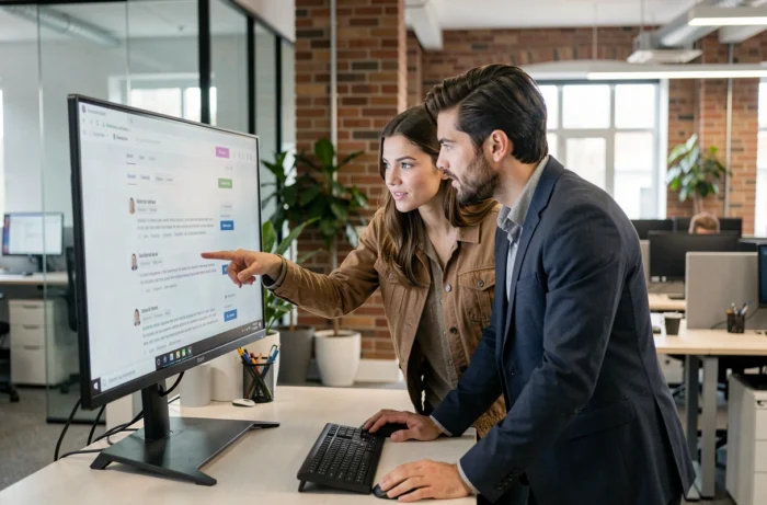 Deux collègues collaborant pour évaluer la fiabilité d'informations trouvées sur Internet au bureau