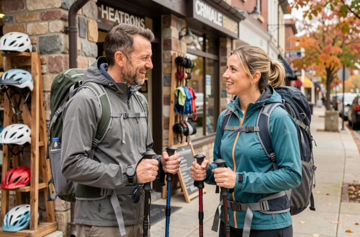 Couple comparant des bâtons de randonnée devant une boutique de sport spécialisée en plein air