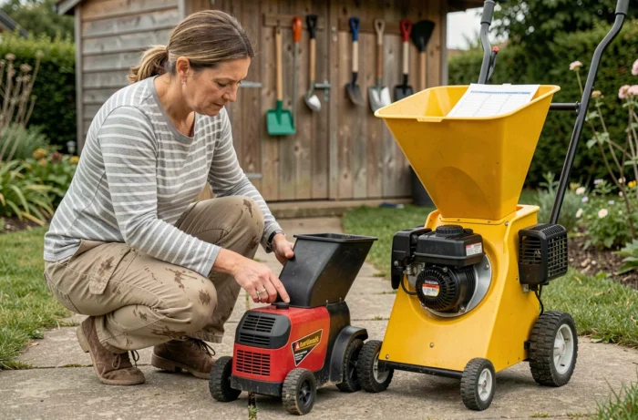 Femme comparant deux modèles de broyeurs de végétaux dans un jardin pour choisir le meilleur broyeur à paillage