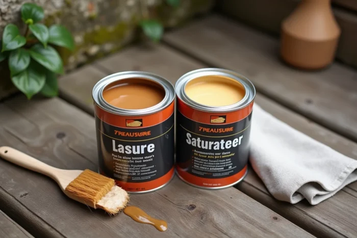 Comparaison côte à côte d'un pot de lasure et d'un saturateur pour bois posés sur une terrasse en bois extérieure