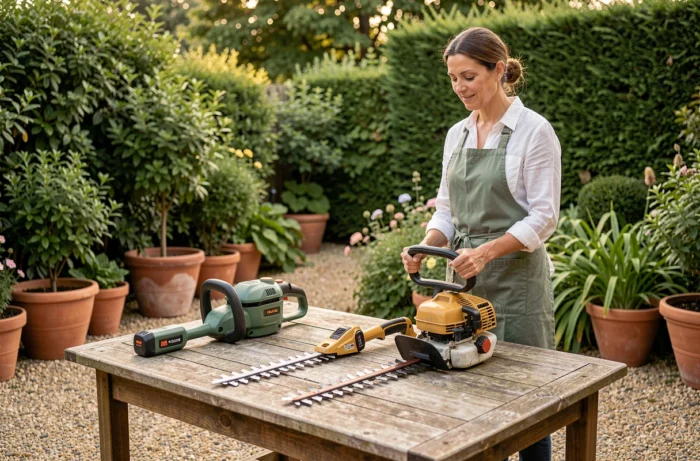 Une femme comparant deux modèles de taille-haie, électrique et thermique, posés sur une table en bois dans un jardin