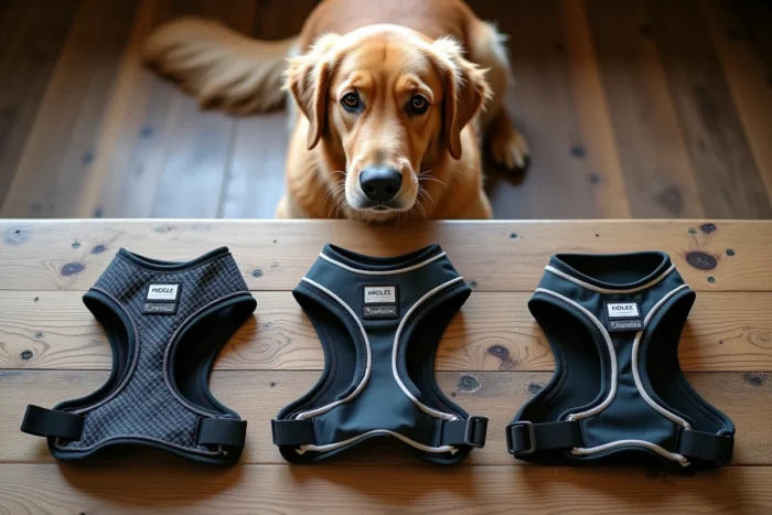 Comparaison de trois types de harnais pour golden retriever posés sur une table en bois, avec le chien assis en arrière-plan flou