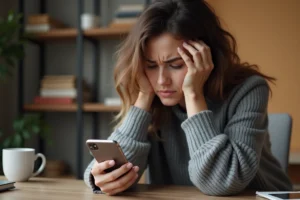 Jeune femme frustrée tenant un smartphone affichant un message de compte Snapchat bloqué