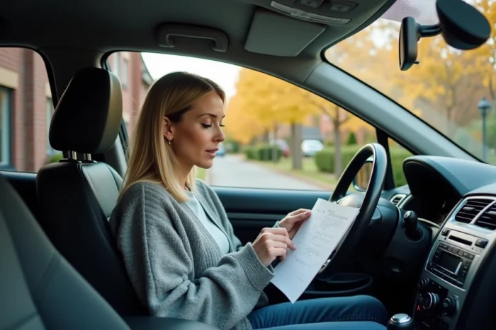 Femme consultant le manuel du conducteur dans une Peugeot 407 pour effectuer la réinitialisation de l'ESP en toute sécurité