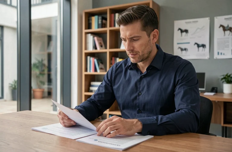 Professionnel consultant analysant des documents liés à Equivok dans un bureau moderne et contemporain