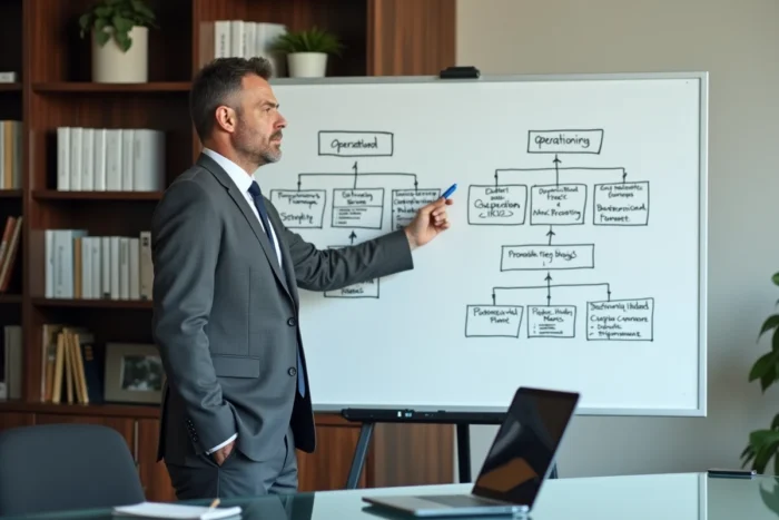 Consultant financier expliquant devant un tableau blanc les différences entre une opco et une propco avec des schémas organisationnels