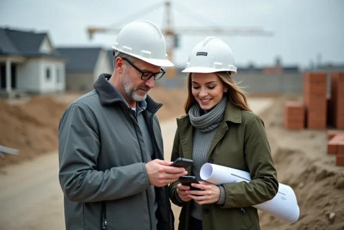 Deux professionnels consultant une application d'analyse foncière sur smartphone lors d'une visite de terrain sur un chantier de construction immobilière