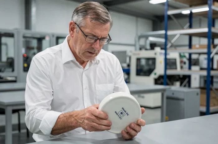 Inspecteur qualité examinant un produit céramique estampillé Made in EEC dans une usine de fabrication européenne moderne