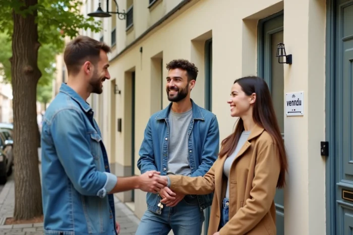 Trois co-propriétaires indivisaires devant une maison après un achat immobilier en indivision